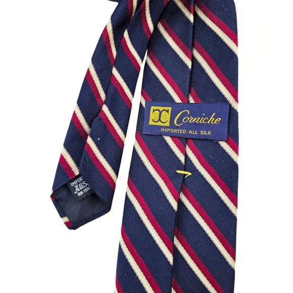 Corniche Necktie Mens Navy Blue Red‎ Striped Silk Classic Business Formal - Picture 4 of 5